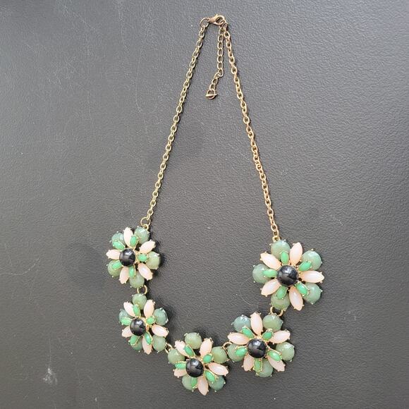 Vintage Necklace Jade Pink Black Flower Gold Tone 18 Inch Bling Whimsy Coquette - Picture 4 of 9